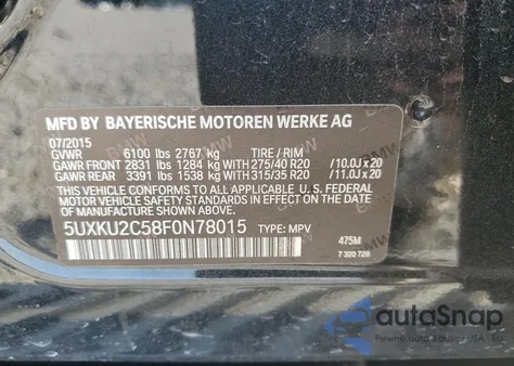 2015 BMW X6 xDrive35I z USA, uszkodzony, nr VIN 5UXKU2C58F0N78015